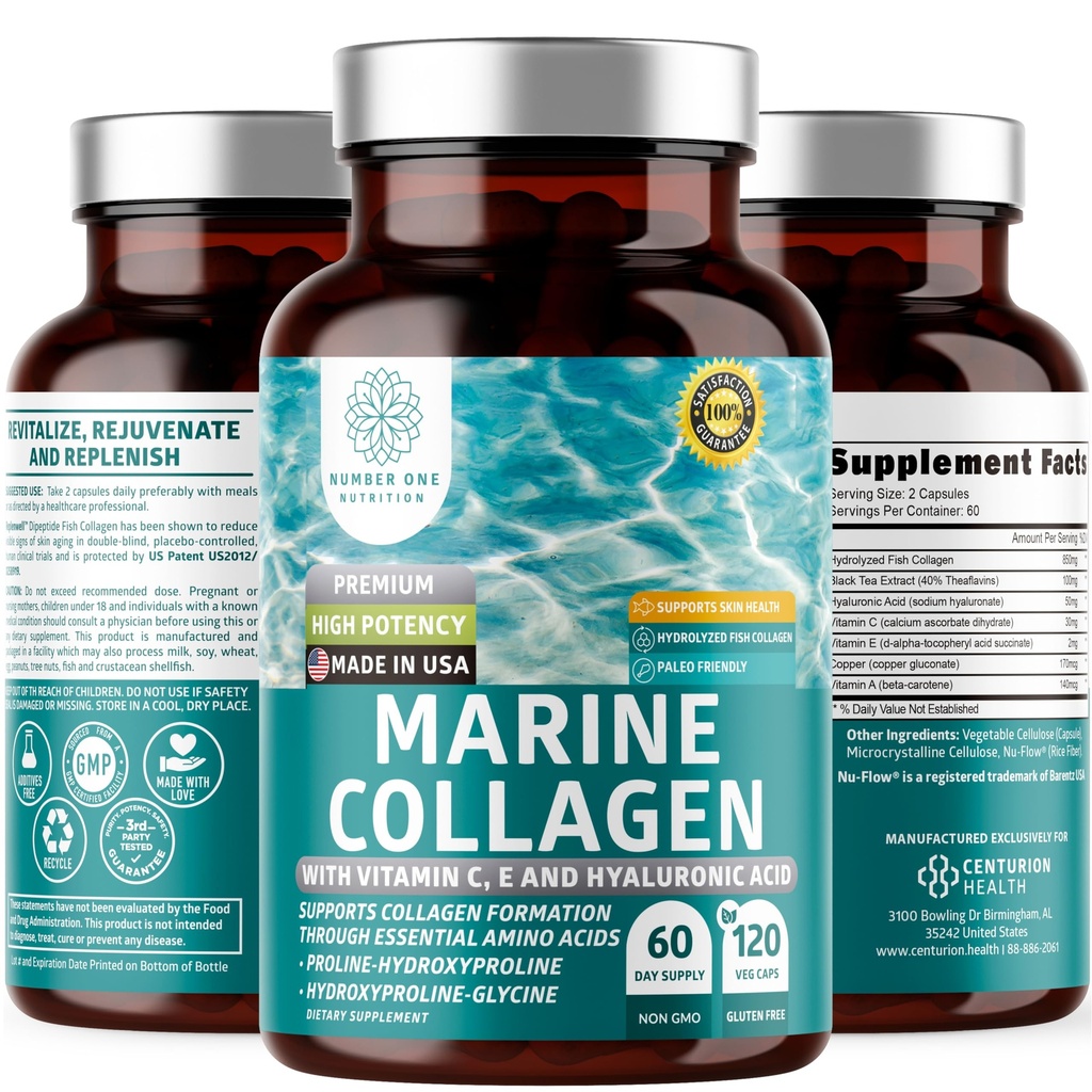 Premium Marine Collageen Dipeptiden met Hyaluronzuur, Vitamine C, Theaflavine en Koper, Collageen Supplement voor Vrouwen en Mannen voor Radiante Huid, Haar & Nagels, Glutenvrij en Non-GMO, 120 Veg Caps