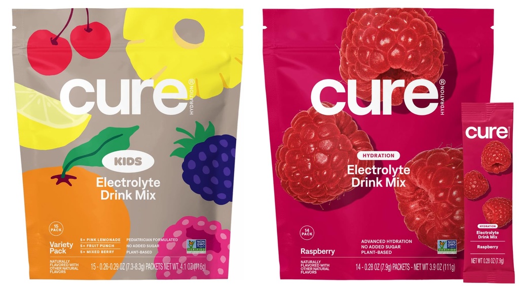 Cure Hydration Family Bundle | Plant-Based Electrolyte Drink Mix | No Added Sugar | Coconut Water | FSA-HSA | Non-GMO | Vegan & Gluten-Free | 15 Pack Kids Variety & 14 Pack Raspberry