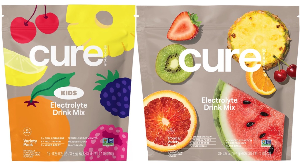 Cure Hydration Family Bundle | Plant-Based Electrolyte Drink Mix | No Added Sugar | Coconut Water | FSA-HSA | Non-GMO | Vegan & Gluten-Free | 15 Pack Kids Variety & 28 Pack Tropical Variety