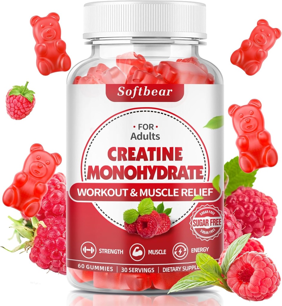 softbear Creatine Monohydrate Gummies for Men Women, Vegan Creatine Supplement 5000mg Creatine HCL Pre Workout Gummies for Muscle Builder Strength Raspberry Flavor 60 Count