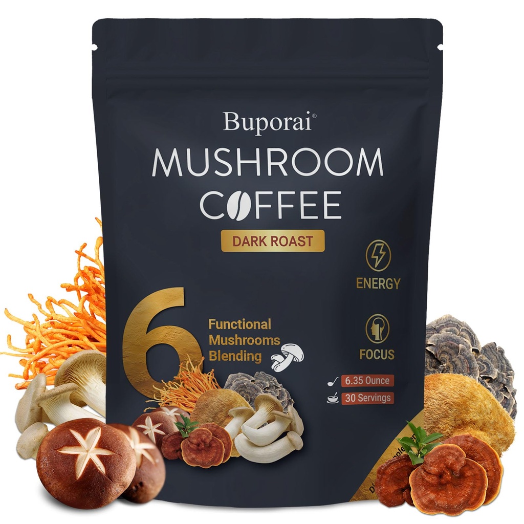 Mushroom Coffee Dark Roast, Instant Mushroom Coffee with 6 Mushrooms Lion’s Mane, Cordyceps, Turkey Tail & Other for Energy, Focus, Digestion, Immunity, 30 Servings