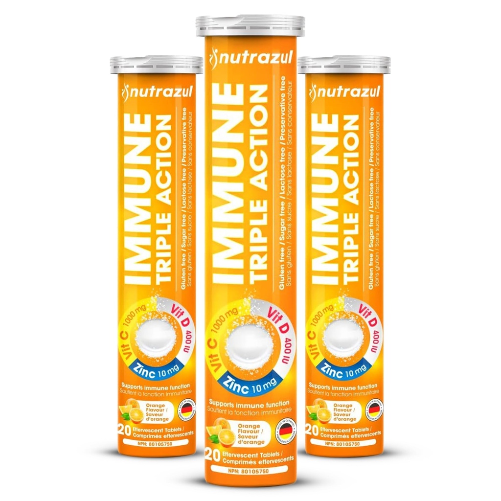 nutrazul crème triple action comprimés effervescents avec vitamine C 1000mg, vitamine D, zinc, soutien quotidien routine, sans gluten, sans sucre, sans lactose, saveur orange, 20 comprimés, (paquet de 3)