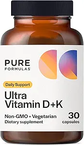 Vitamine D3 K2 Vitamine 5000 IE - VIT D3 K2 Supplement voor Calcium Absorptie, Botsterkte, Cardiovasculaire en Immuunfunctieondersteuning, Sojavrije, niet-GMO 30 Vegetarische capsules
