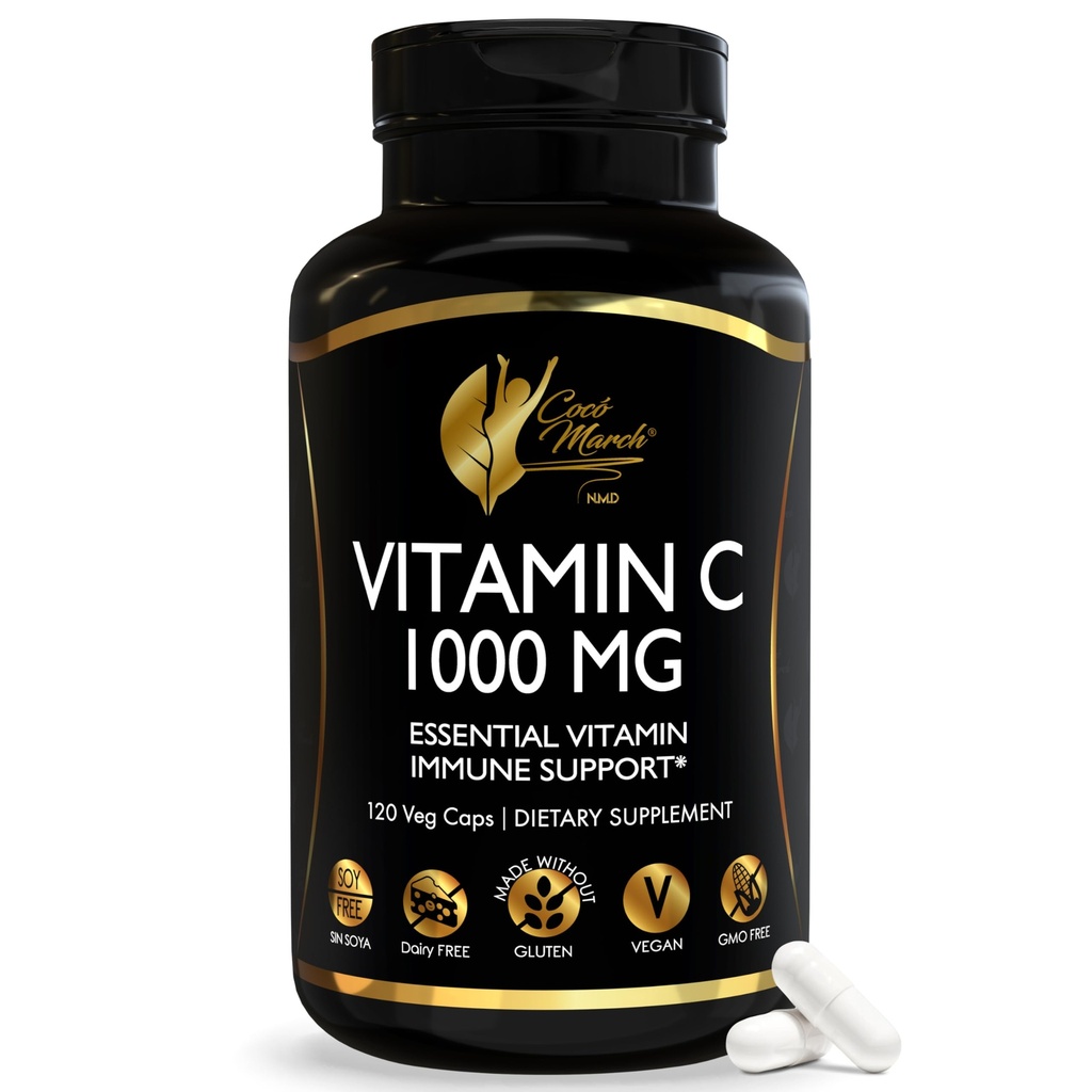 Cocó March N.M.D Vitamin C 1000mg – Gluten Free & Vegan Immune Support Supplement – Vitamin C for Women & Men - Soy Free, Dairy Free & Non-GMO – Easy-to-Swallow, 120 Veg Capsules