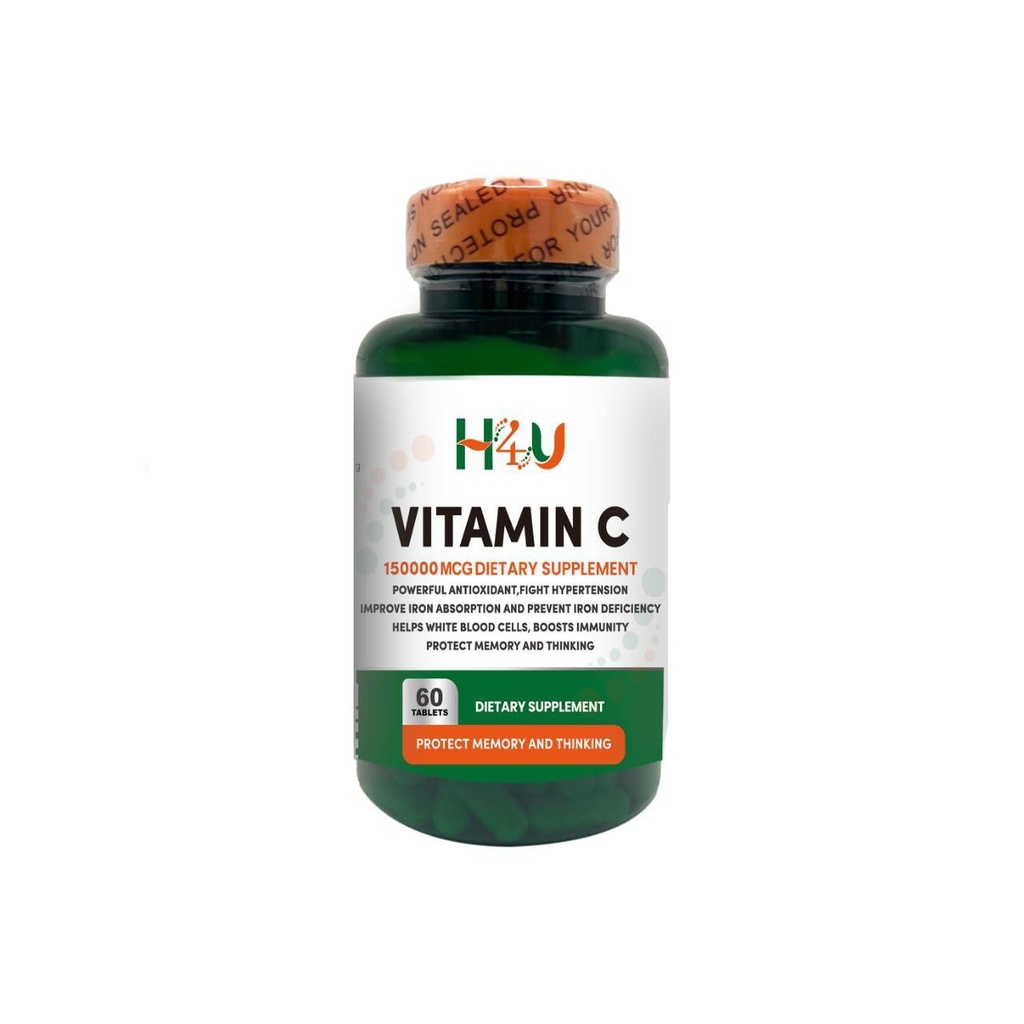 H4U Vitamin C 150000 mcg Dietary Supplement Supports Immune Health, Aids Cellular Energy Production, Promotes Collagen Synthesis, and Encourages Healthy Tissue. Contains 60 Tablets.