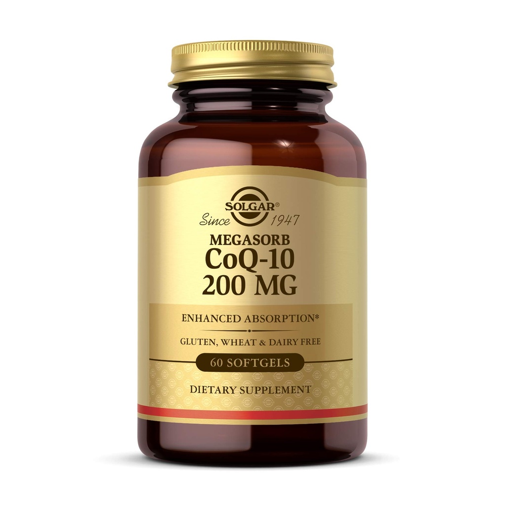 Solgar Megasorb CoQ-10 200 mg, 60 Softgels - Ondersteunt Hart- en Hersenfunctie - Co-enzym Q10 Supplement - Verbeterde Absorptie - Glutenvrij, Melkvrij - 60 porties