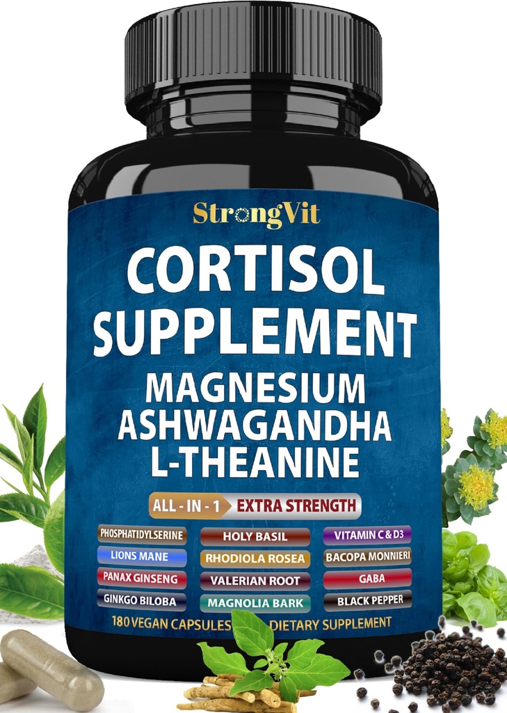 StrongVit Cortisol Supplements for Women and Men with Magnesium, Ashwagandha & L-Theanine. High Cortisol Reducer, Manager, Detox, Lower and Control. Sleep Support & Stress Relief, USA (180 Capsules)