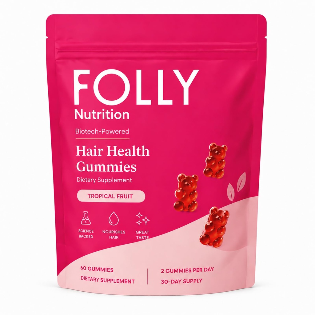 Folly Hair Growth Gummies, Tropical Fruit Hair Vitamins with Biotin, Vitamin C, Zinc, Pumpkin Seed Oil & Botanical Complex, Daily Hair Support Supplement for Women