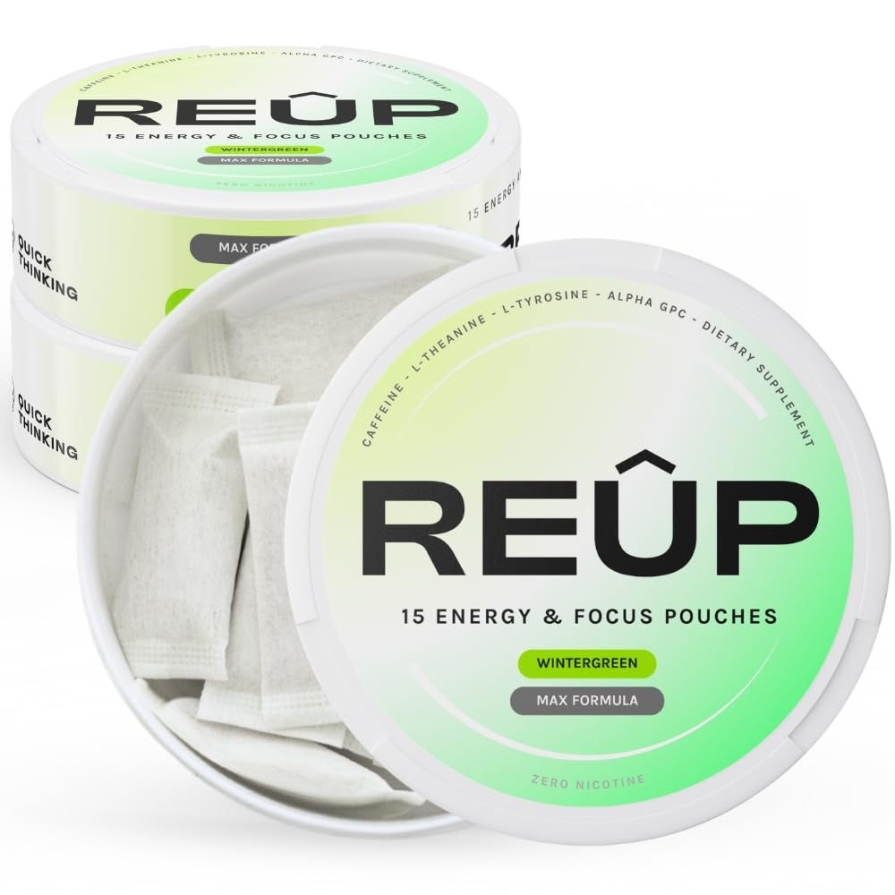 REUP Caffeine Pouches 80mg 15 Pouches per Can L-Theanine L-Tyrosine Alpha-GPC Vitamin C 3 Pack Wintergreen