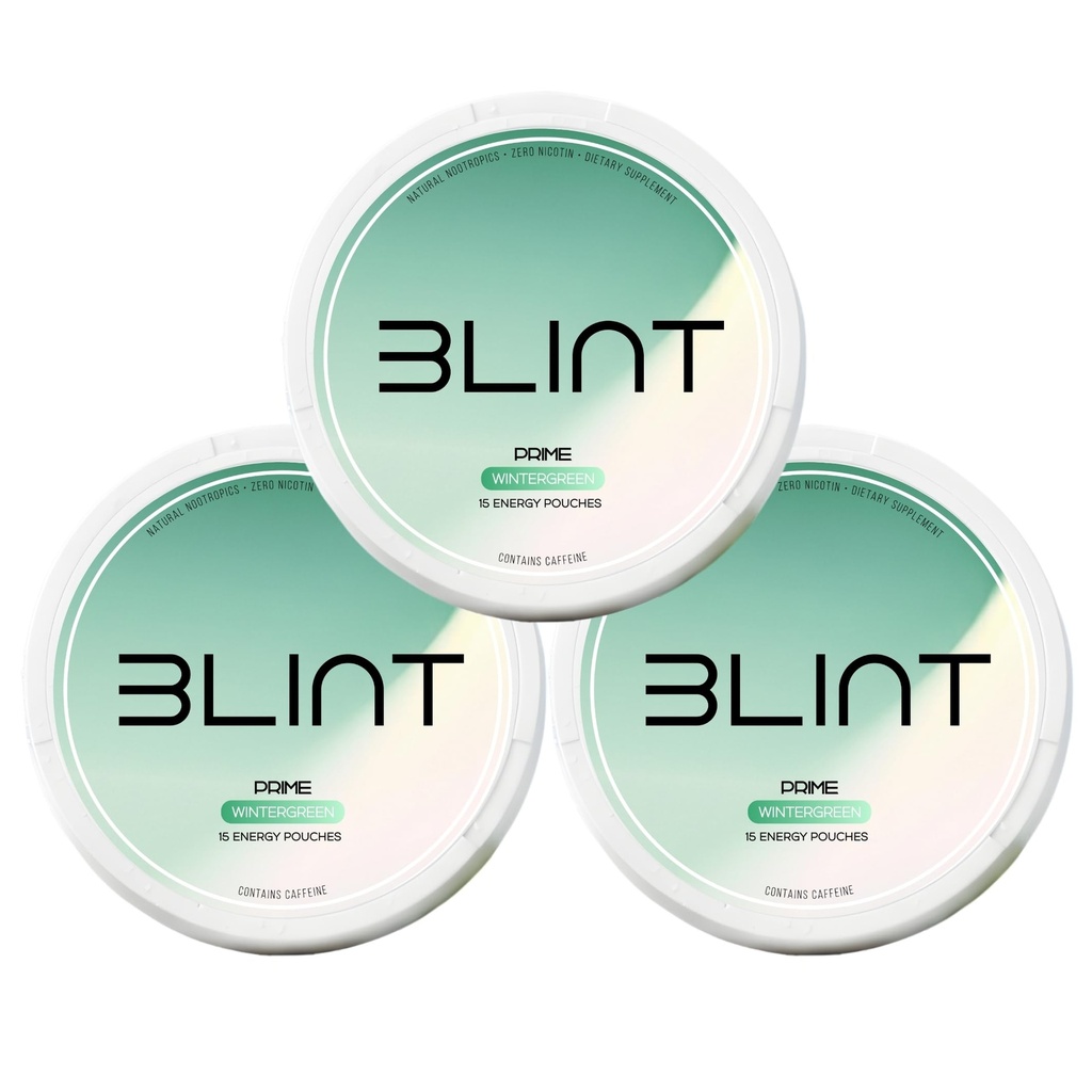 BLINT Prime Nootropic Pouches – L-Theanine, L-Tyrosine & Caffeine | Focus + Energy Supplement | Nicotine-Free, Tobacco-Free | 15 Pouches | Wintergreen (3 Cans)
