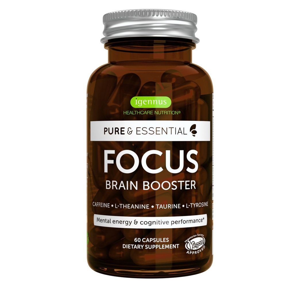 Igennus Focus - Nootrope met 200mg natuurlijke cafeïne, gemethyleerde B-vitaminen, L-Theanine, Taurine, L-Tyrosine, Clean Energy, Brain Booster & Cognitive Performance, Non Jittery, 60 Capsules