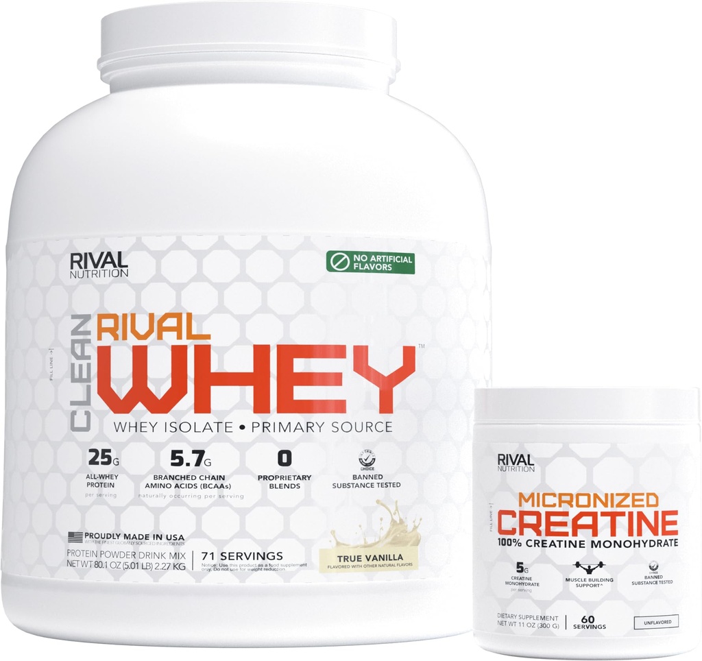 RIVAL NUTRITION Whey Protein & Creatine Bundle | Clean Rival Whey True Vanilla 71 Servings + Micronized Creatine Monohydrate 60 Servings | 25g Protein & 5g Creatine | Recovery & Performance