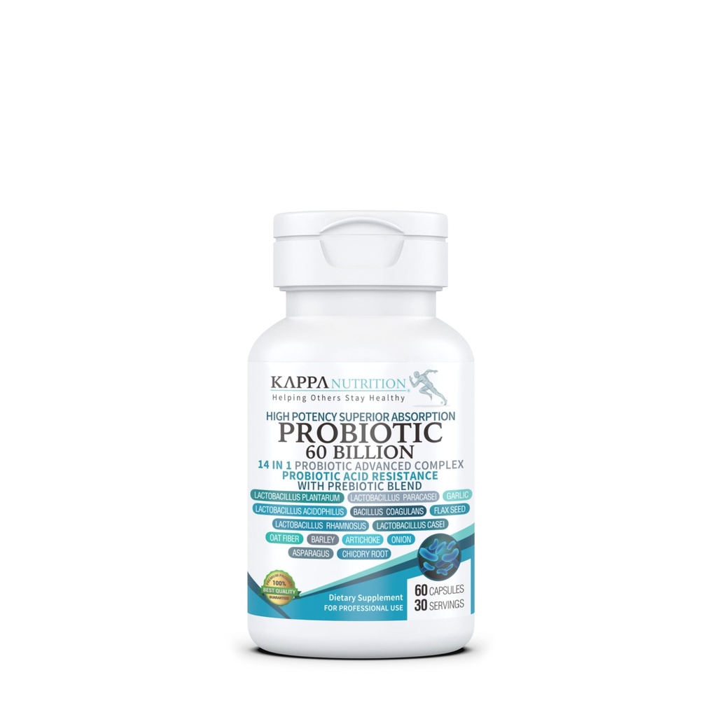 KAPPA NUTRITION Probiotique 60 Million CFU 14 en 1 Formule avec Prébiotiques et Acidophilus pour femmes, hommes et adultes, plateau stable, résistant à l'acide, supplément naturel 60 Capsules.