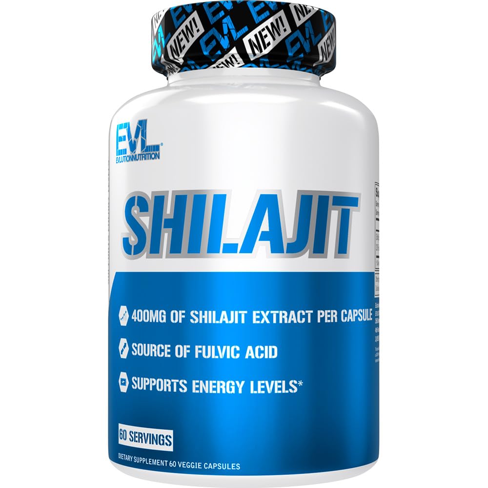 Evlution Nutrition Shilajit - Energy Support - 400mg Shilajit Extract - Fulvic Acid Supplement - Vegetarian Capsules - for Workout Performance - 60 Servings