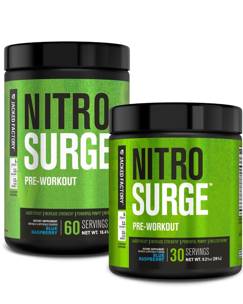 Ge Jacked Factory NITROSURGE Pre workout supplement - Energie Booster, Instant Strength Gains, Duidelijke Focus & Intense Pumps - NO Booster & Krachtige voorbewerking energiepoeder - 90 Servers, Blauwe Framboos