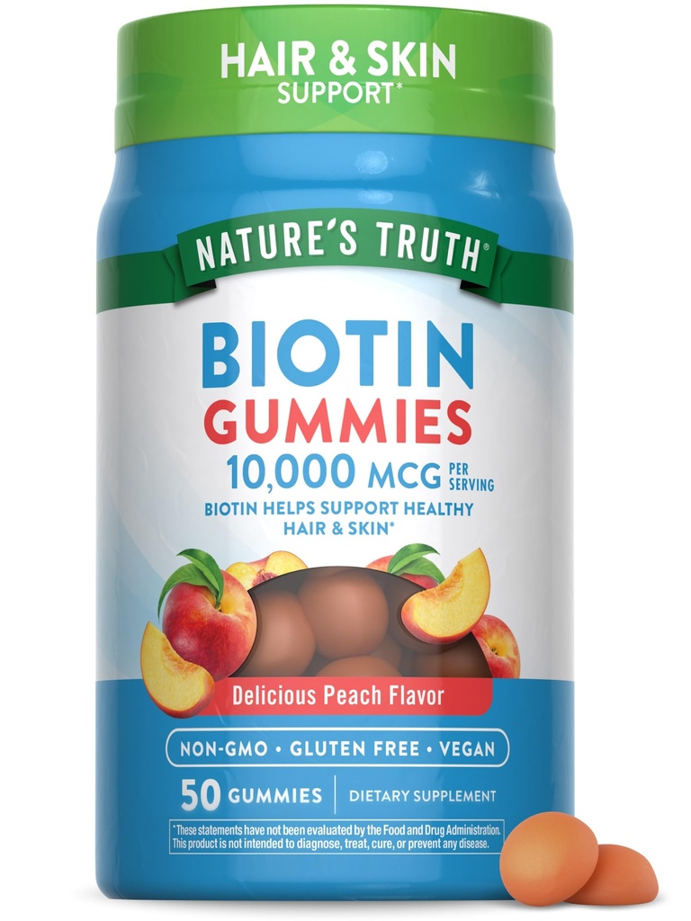 La vérité de la nature Biotin Gummies de 10000mcg de 10000mcg de 50 comtes Vegan, sans OGM et supplément sans gluten de pêche