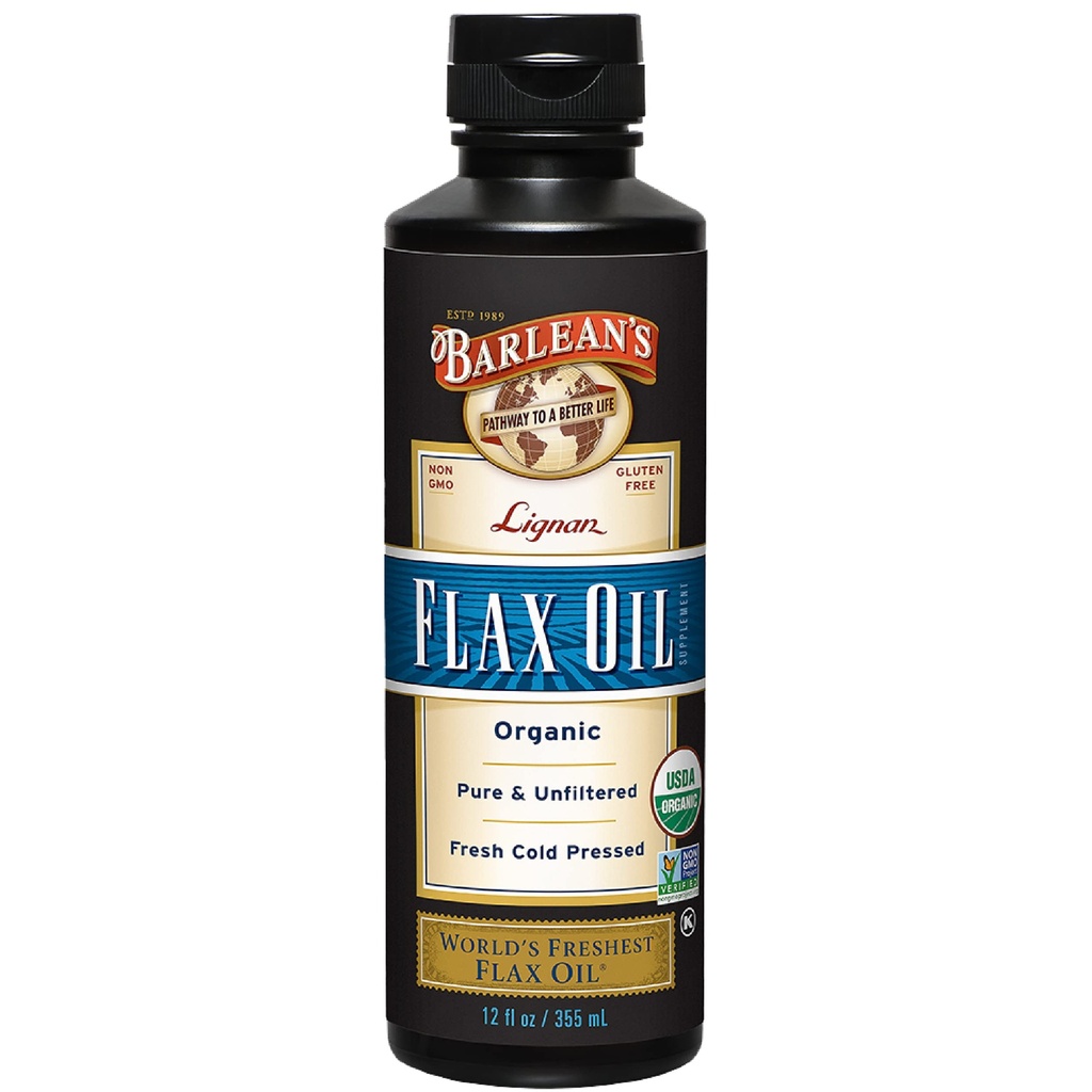 Barleans biologische Lignan Vlaszaad Olie Liquid Supplement van koud geperste Vlas Zaden, 7,230 mg ALA Omega-3 vetzuren voor gezond haar, huid en ogen, Glutenvrij, 12 oz