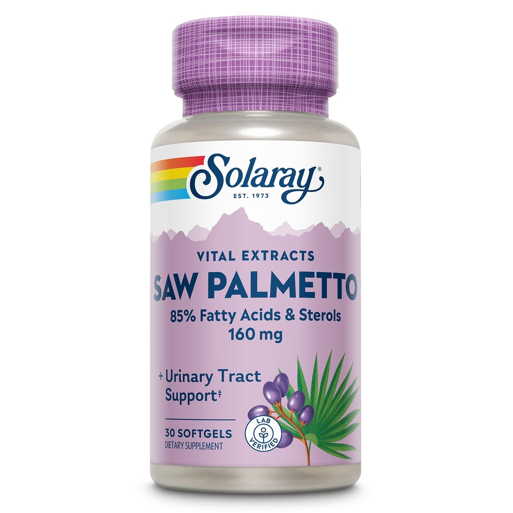 SOLARAY Saw Palmetto Extract - Prostaat Gezondheid en Urinaire Tract Ondersteuning - 136 mg vetzuren en sterolen - Lab geverifieerd, 60 dagen geld-terug garantie (30 porties, 30 Softgels)