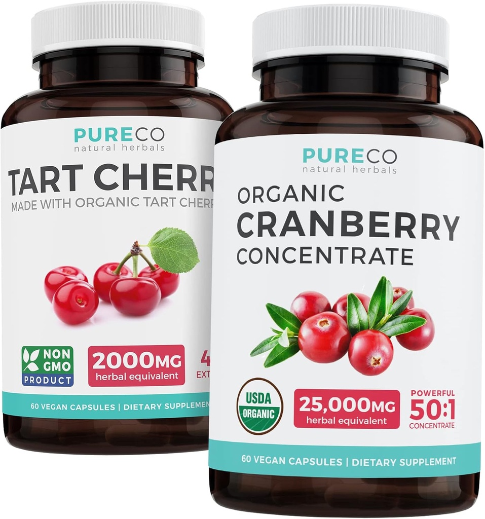 Bundel van biologische Cranberry Pillen & Tart Cherry - Clean & Clear Bundle - Urine Tract & Uric Acid Ondersteuning - Biologische Cranberry Pillen - 50:1 Concentrate & Organic Tart Cherry Capsules - 4:1 Extract