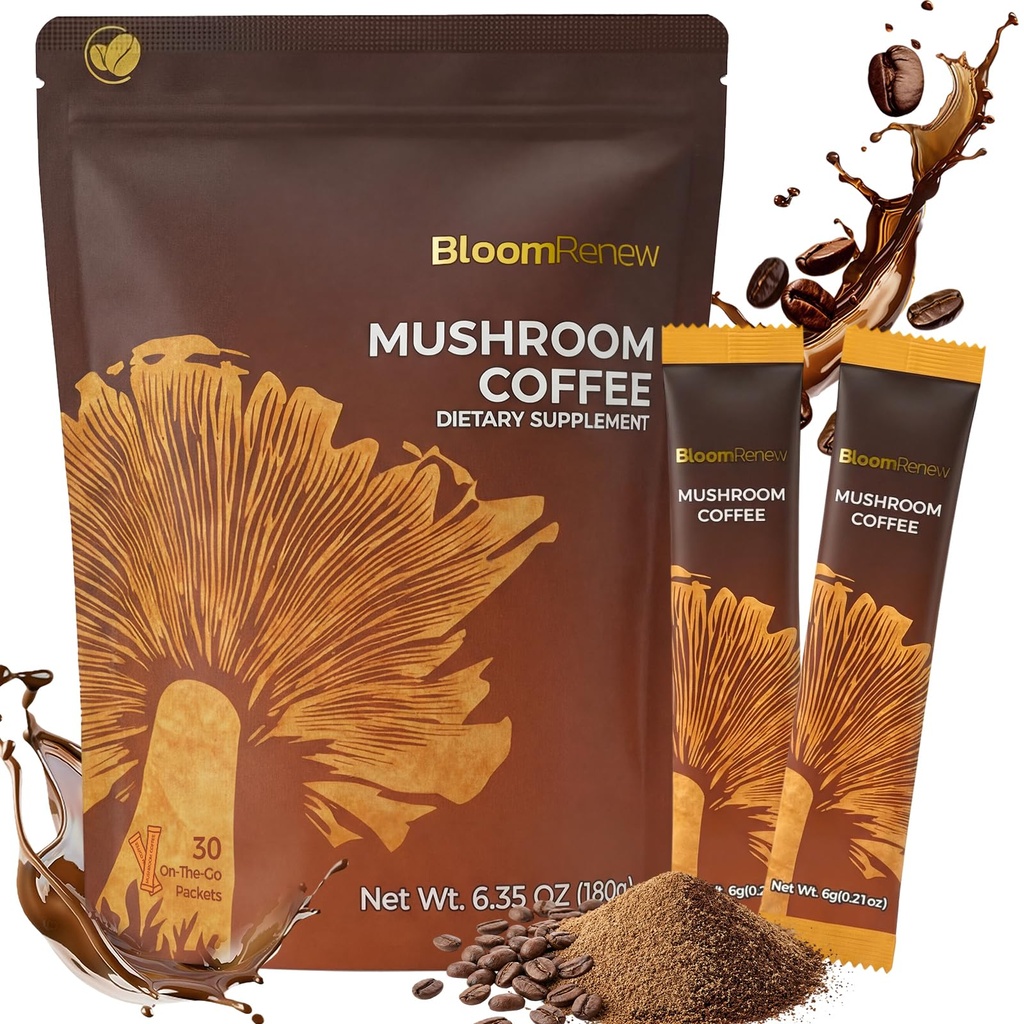 Mushroom Coffee with No Earthy Aftertaste - Fruiting Body Extract Instant Coffee, No Gritty Residue, 6 Adaptogenic Mushrooms with Lion's Mane, Turkey Tail for Focus, Energy, 30 Stick Packs