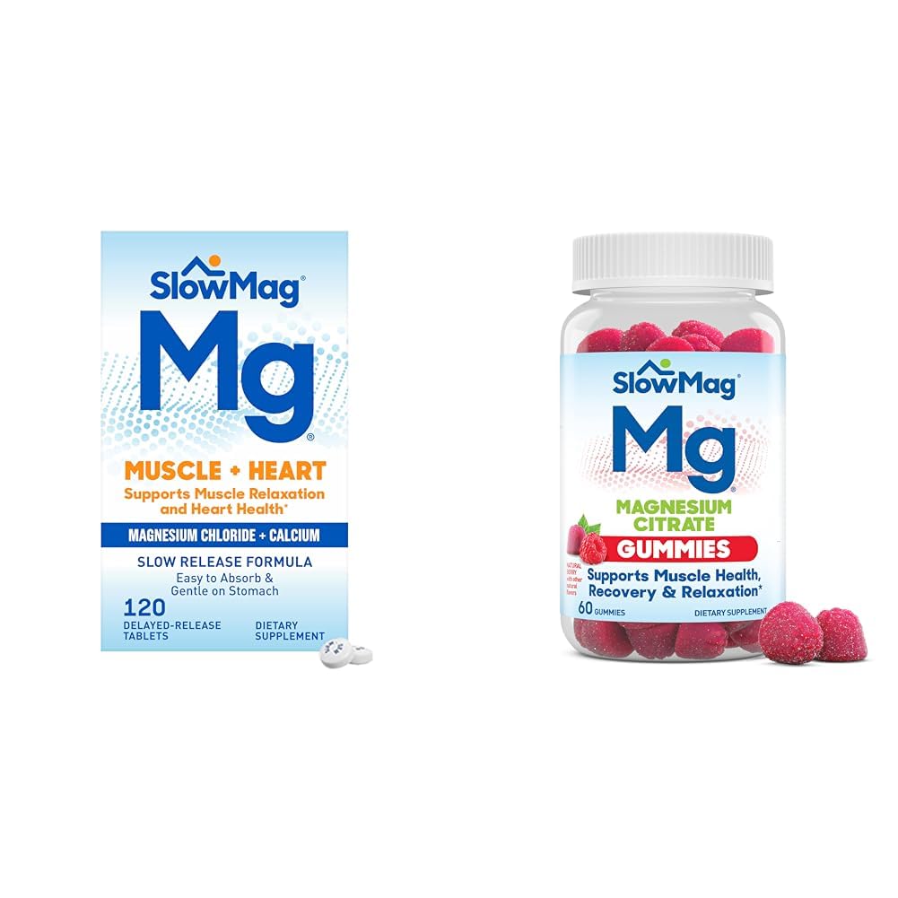 Slow-Mag SlowMag Muscle + Heart Magnesium Chloride with Calcium 120 Count Mg Muscle Health + Recovery Gummies 60 Count