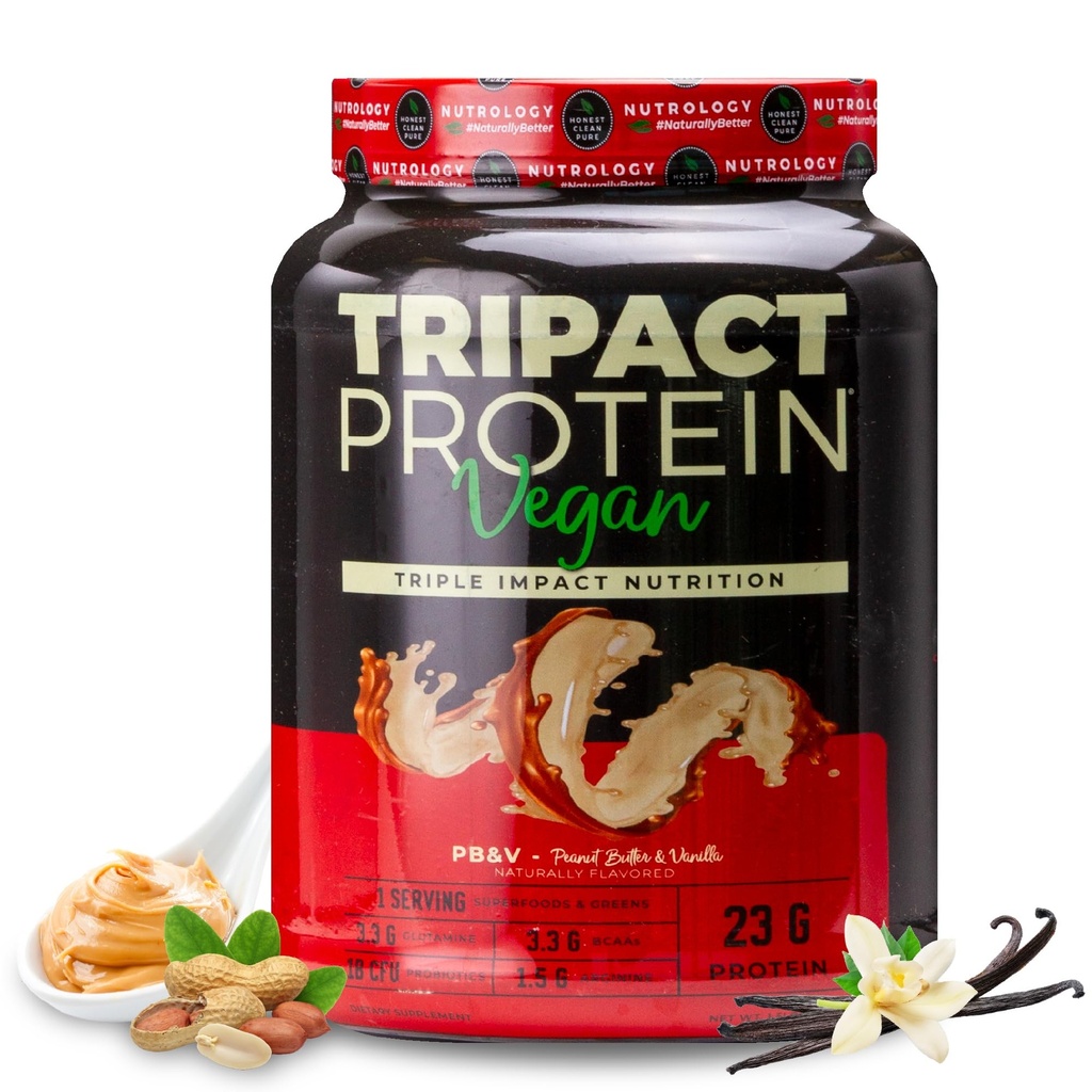 Nutrologie TRIPACT Vegan Proteïne Poeder - Biologische Pea, Rijst & Pompoen Proteïne, BCAA's & Glutamine Plant-Based Meal Vervangingsshakes voor spierherstel & Immuniteit, Pindakaas & Vanille, 20 porties