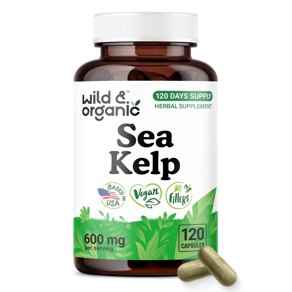 Wild & Organic Sea Kelp Capsules 600 mg - Immune & Overall Support - Sea Kelp Iodine Supplement for Men & Women - Ocean Seaweed Supplement - Vegan, No Fillers, Non-GMO - 120 Count