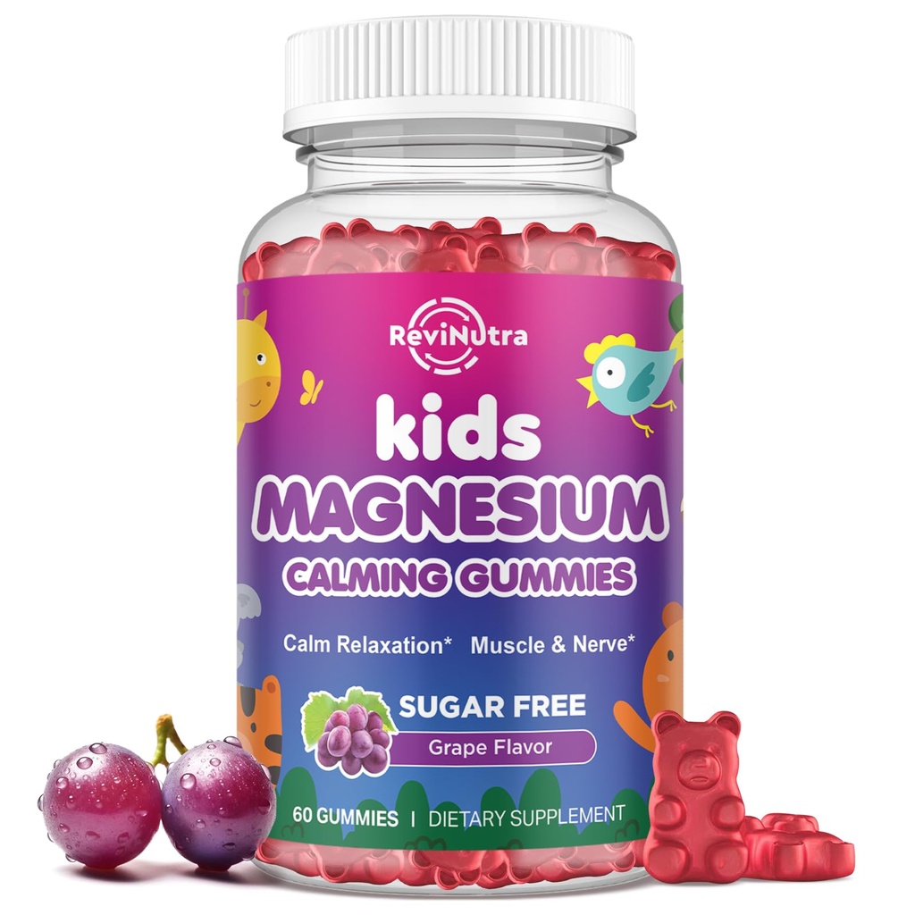 Kids Magnesium Glycinate Gummies - Magnesium Supplement Gummies with L-Theanine, Chamomile, Licorice, Vitamin B6, D for Kids & Adults Sleep, Stress, Muscle Relief & Nerve Bone - Sugar Free Grape 60ct