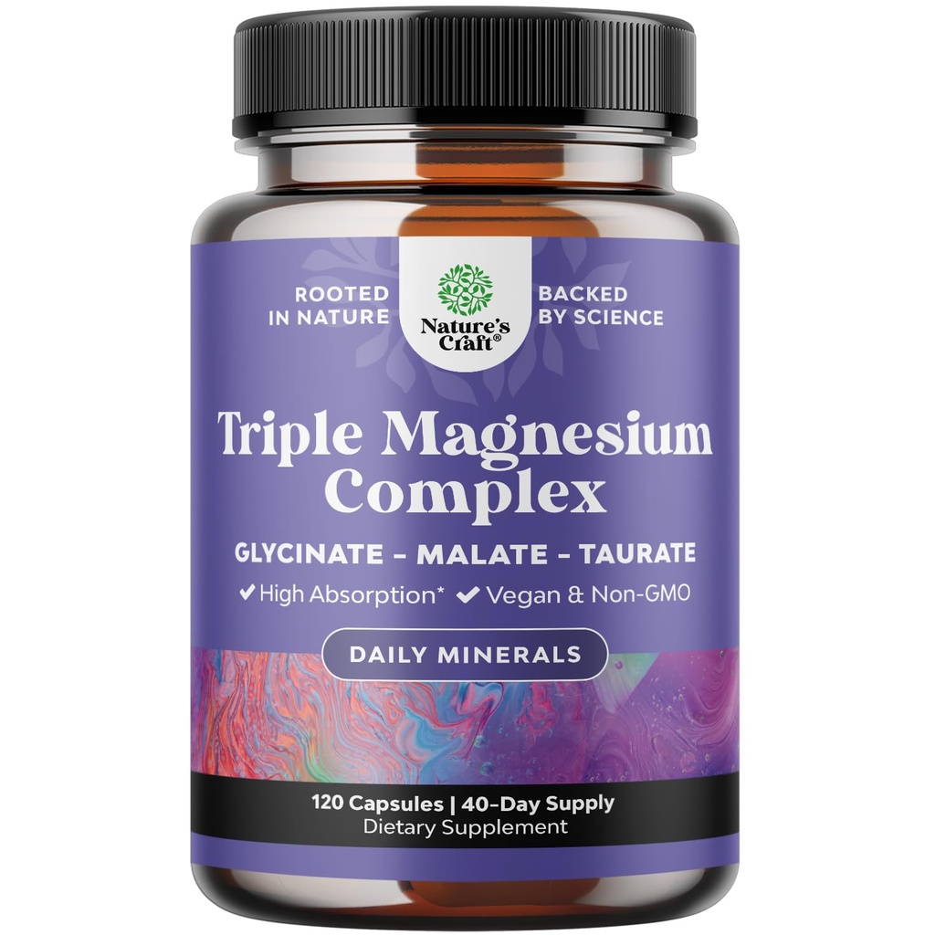 Triple Magnesium Complex Supplement - Hoge Absorptie Magnesium Glycinate, Malate & Taurate Blend voor Spieren, Energie Ondersteuning & Heart Health - Triple Mg Complex 400 mg Capsules - 120 Tel.