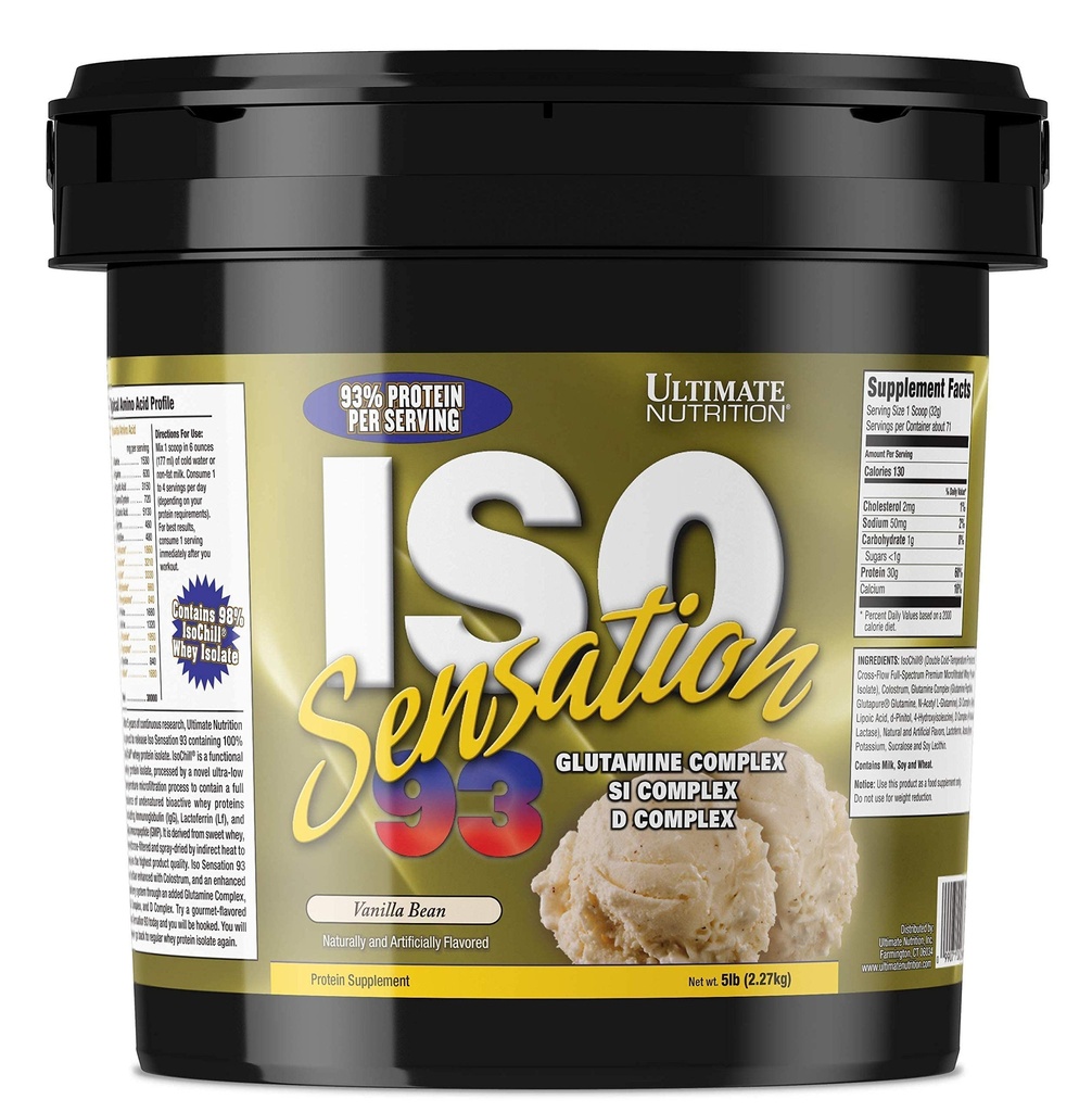 Ultimate Nutrition Iso Sensation 93 with Glutamine, Whey Protein Isolate Powder, 30 Grams of Protein, Low Carb Protein Shakes, Keto Friendly, 5 Pounds, Vanilla Bean Flavoured