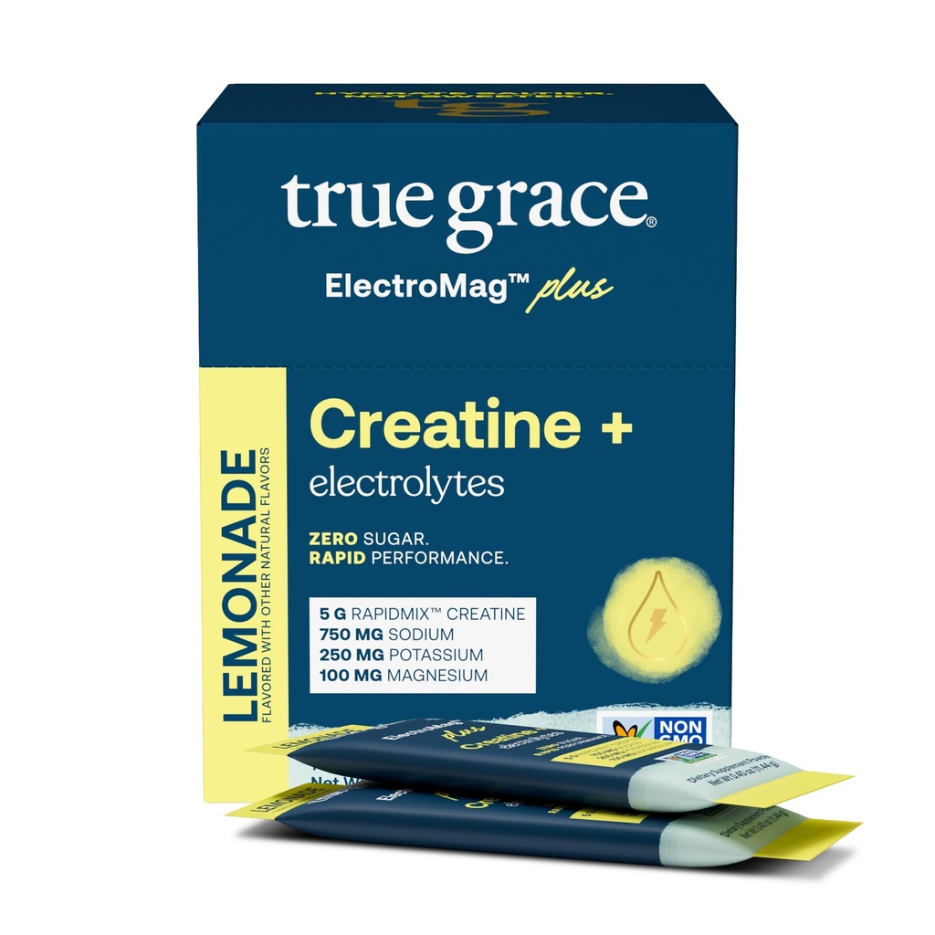 True Grace ElectroMag + Creatine Monohydrate - 16 Stick Packs - Lemonade - Electrolyte Powder for Rapid Performance - Sodium, Potassium, Magnesium, Chloride - Zero Sugar - Non-GMO - 16 Servings
