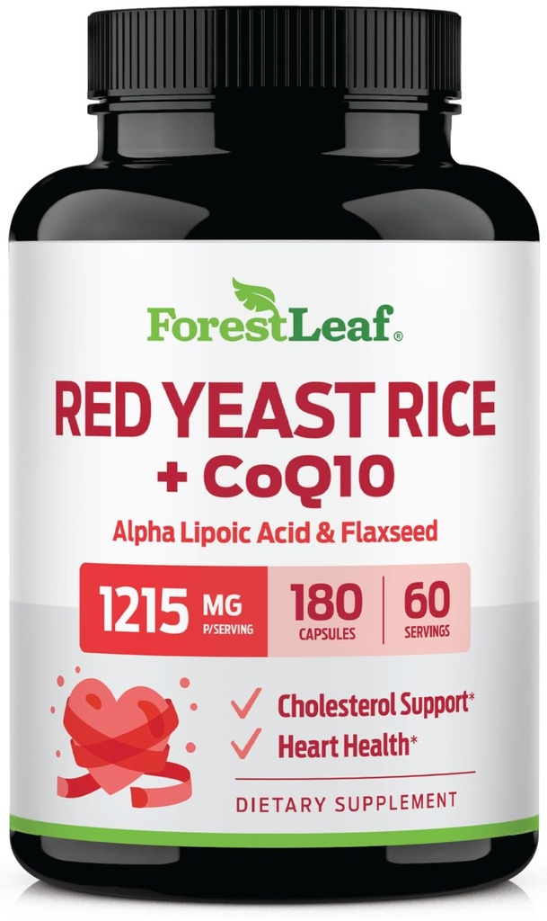 ForestLeaf Red Gist Rice with CoQ10 Supplement - 1215mg Extra sterkte Red Gist Rice Capsules with Alpha Lipoic Acid & Organic Flaxseed, Citrinin Free - 180 Capsules