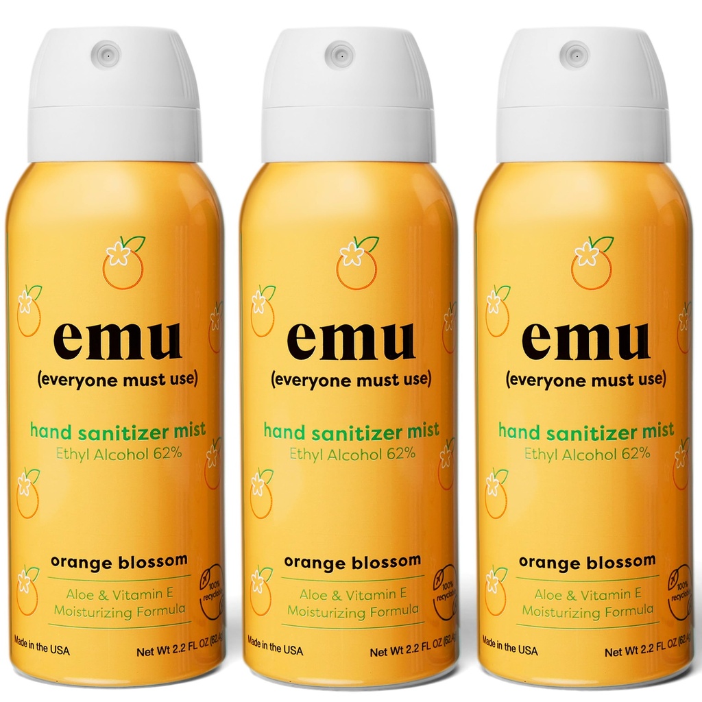 EMU (EVERYONE MUST USE) Hand Sanitizer pocket spray, Travel size 2.2oz. Cleanses Your Hands, Hydrating. Hand soap bulk. 24-hour disinfectant sanitizing. Made in USA (Orange Blossom_3)