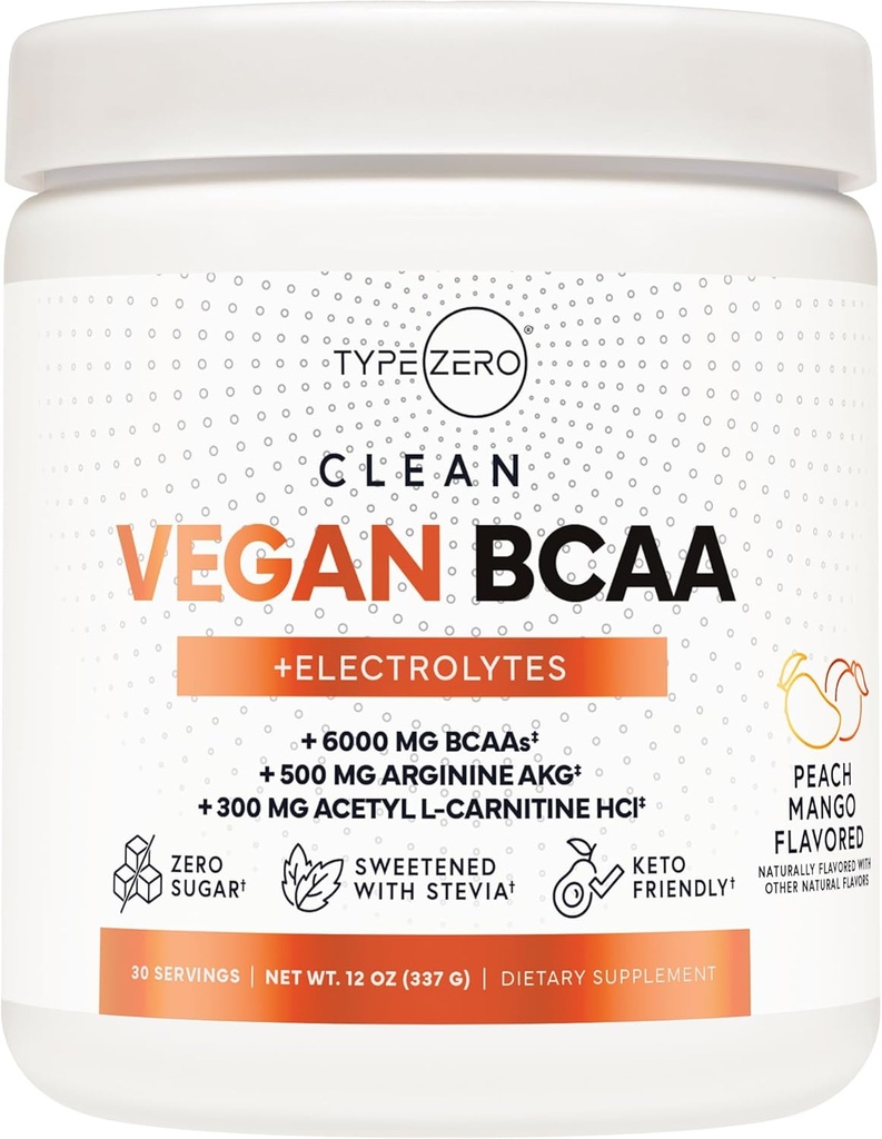 Végétalienne ultra propre BCAA poudre + électrolytes (Peach Mango) 2:1:1 Sans sucre / Pas de sucralose BCAAs Amino Acides Supplément pour les femmes / hommes - Meilleur BCAA Vegan Amino Acides après la séance d'entraînement boisson de récupération