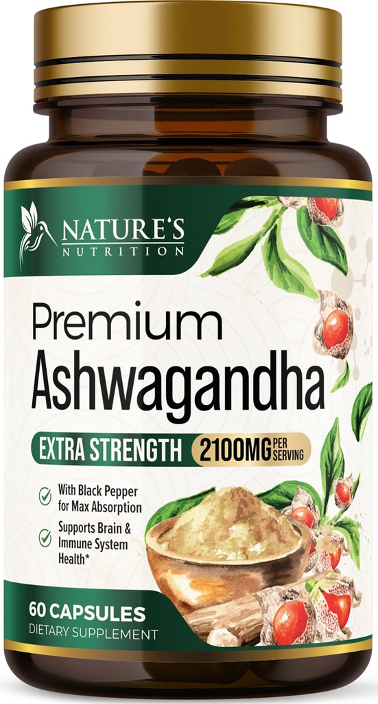 Ashwagandha-supplementen - 2100mg Ashwagandha-capsule voor vrouwen en mannen, natuurlijke antioxidantondersteuning, Ashwa-wortelextract, extra sterkte Kalme ondersteuning met zwarte peper, veganistisch en glutenvrij - 60 capsules