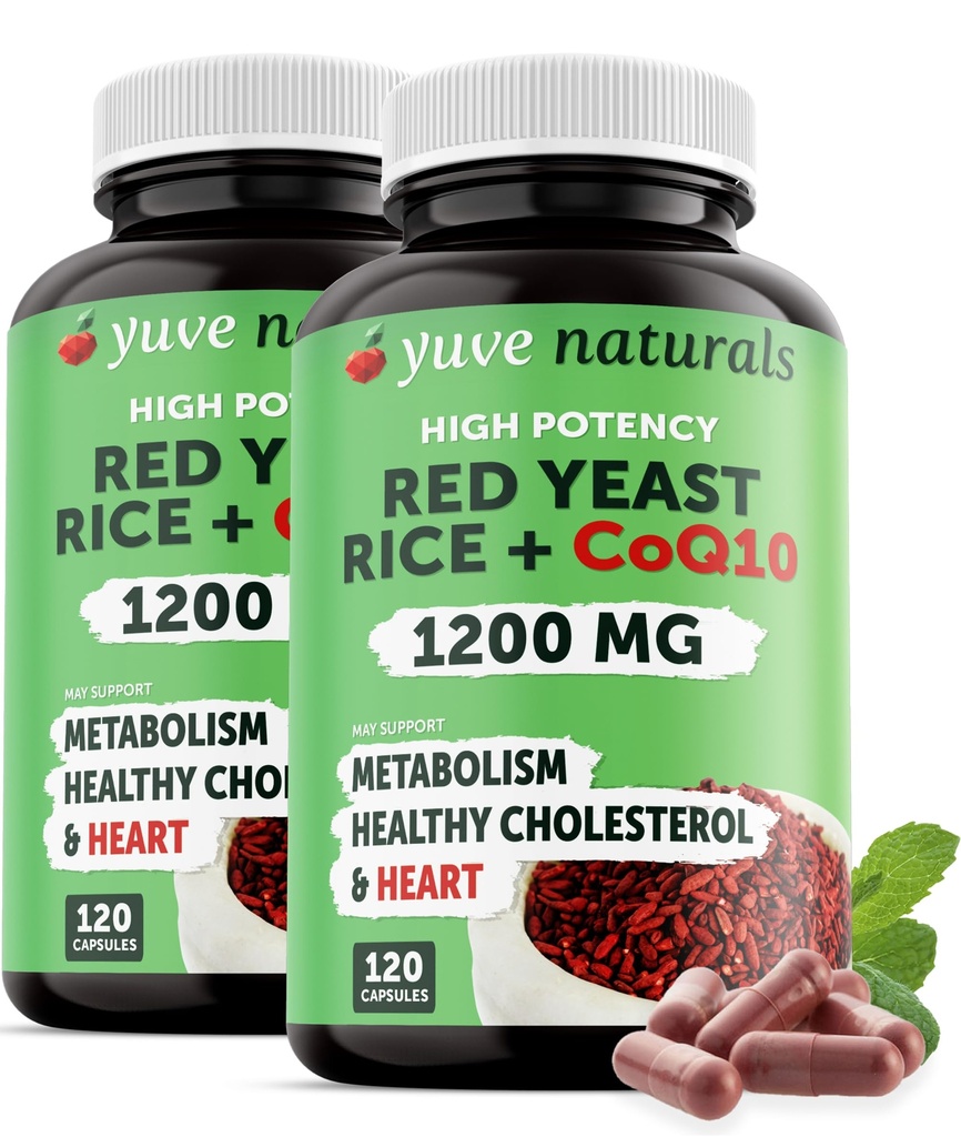 Red Gist Rice 1200 mg Capsules with CoQ10 - Maintain Healthy Cholesterol Levels, Herbal Heart Health Vegan Red Gist Rice Supplement - Red Rice Gist with CoQ10 for Women & Men - 120 Ct (2-Pack)