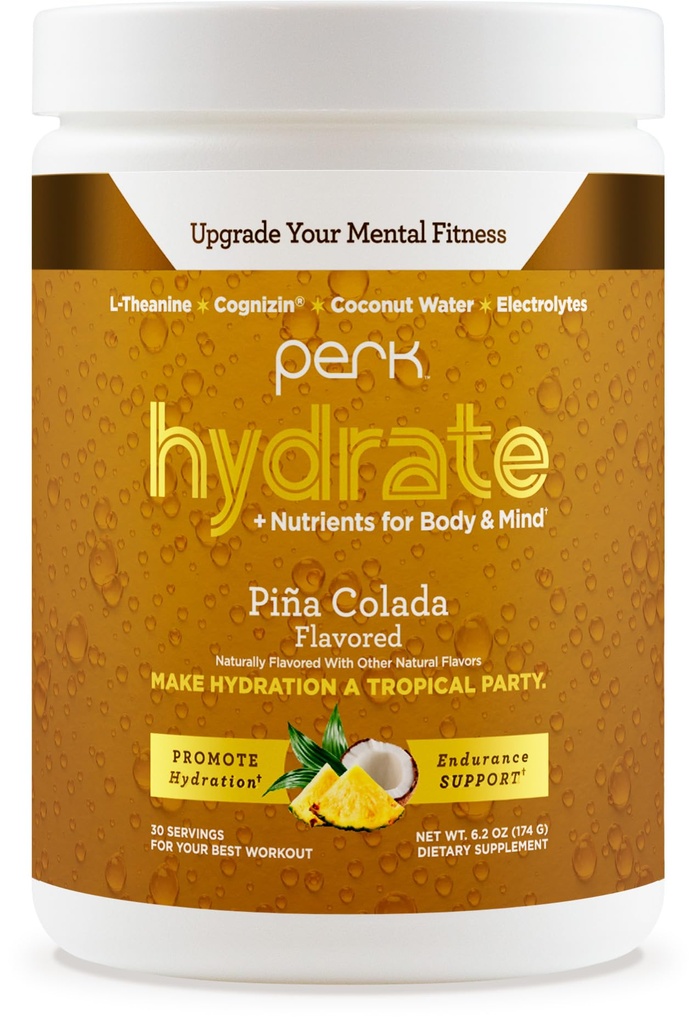 Perk Hydrate Electrolyte Drink Mix Powder (Pina Colada) 30 Servings - Coconut Water, CDP-Choline, L-Theanine, Gluten-Free, Keto Friendly, Vegan