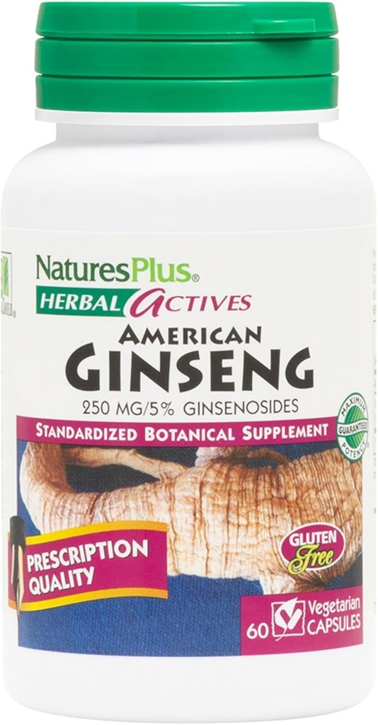 Natures Plus Herbal Actives American Ginseng - 250 mg, 5% Ginsenosides - 60 Vegan Capsules - Gluten-Free - 60 Servings