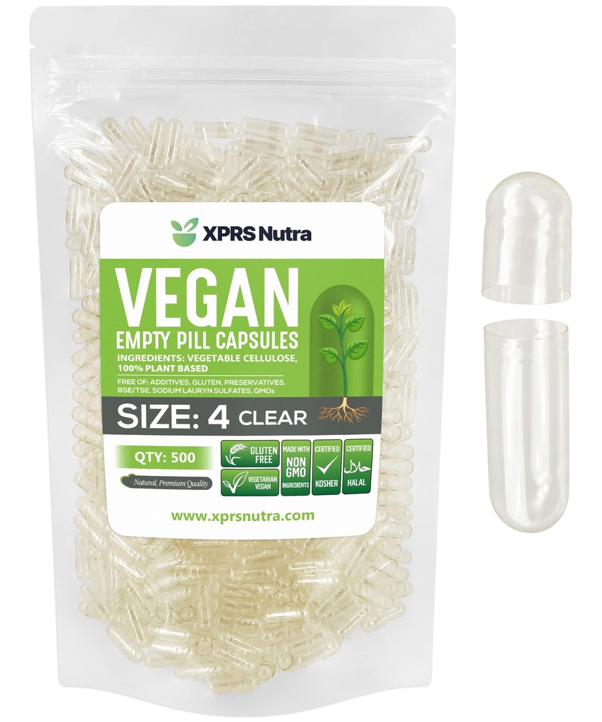 XPRS Nutra Maat 4 Lege Capsules - 500 Tel helder Kleine Lege Vegan Capsules - DIY Plantaardige Capsule vullen - Vulbare Do-It-Yourself Veggie Pill Caps voor Supplementen