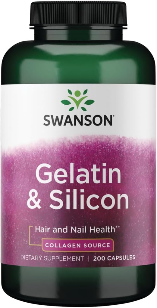 Swanson Gelatine en Silicium - Collageen Proteins ondersteunen gezonde haren en nagels - helpt leveren vitale mineralen voor sterke nagels en dikke haren - 20mg Silicium en 1,08 Gram Gelatine - (200 Capsules)