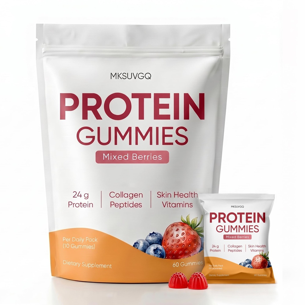 Protein Gummies, 24g Total Protein per Bag with Collagen & Biotin, 6 Individually Wrapped Packs, Hair, Skin & Nail Health Support, Low Calorie, 1g Net Carb, 60 Gummies