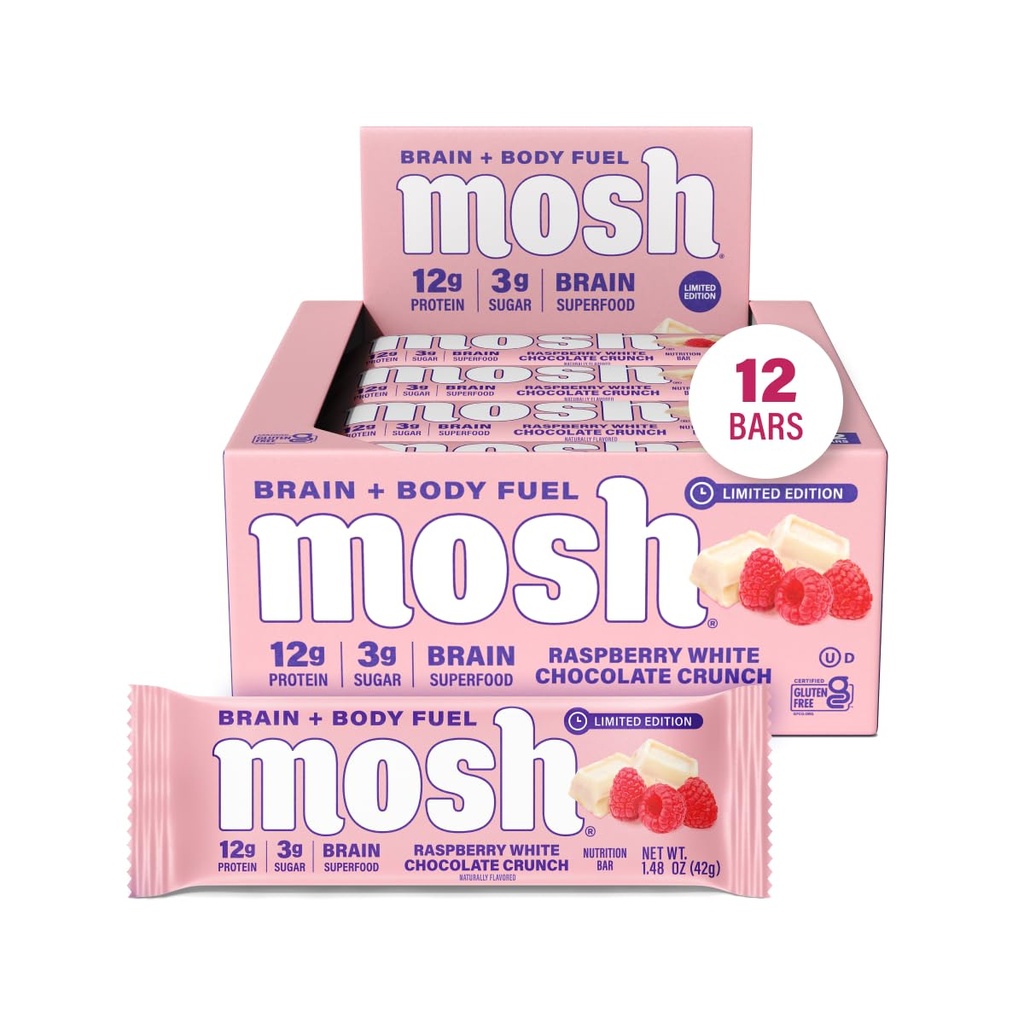MOSH Raspberry White Chocolate Crunch Keto Protein Bars, High Fiber, Low Carb, Gluten Free, High Protein, Brain Healthy Snack, 12 Count