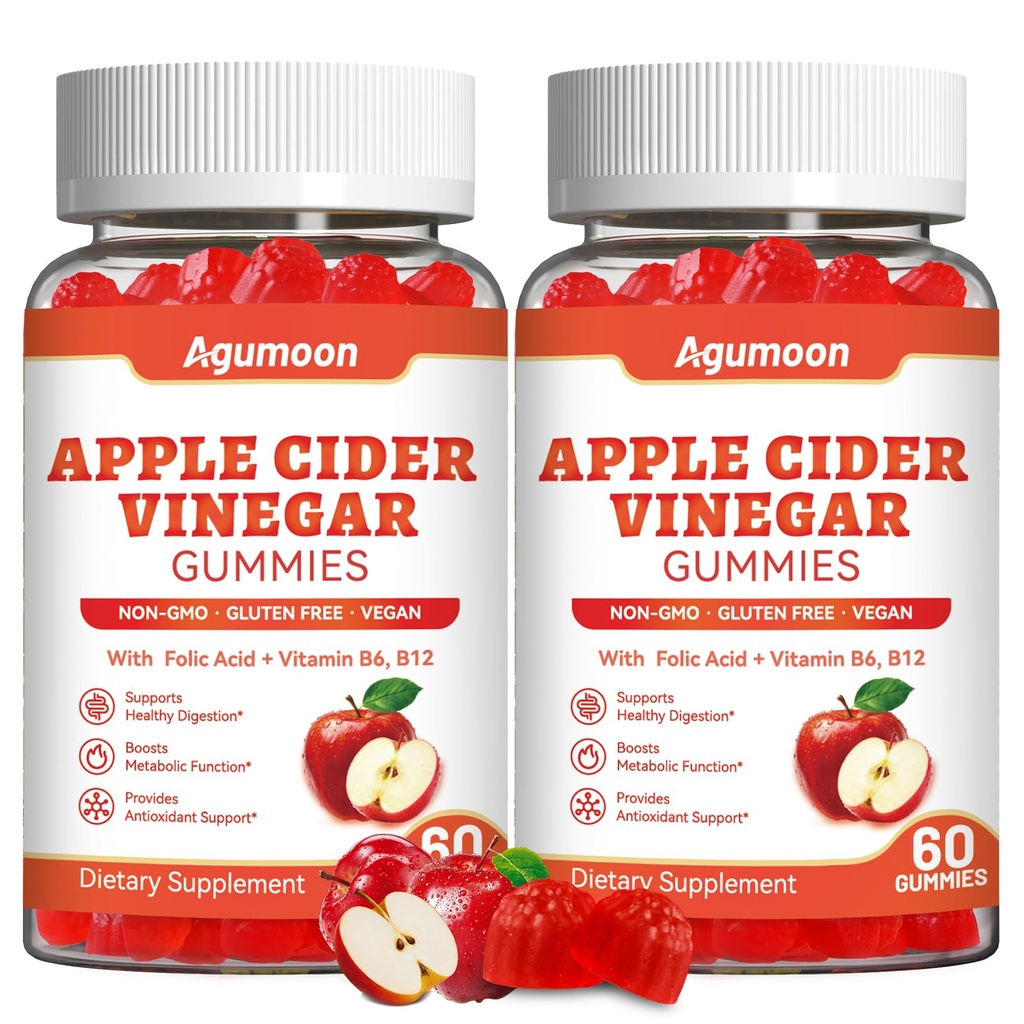 2 Pack Apple Cider Vinegar Gummies for Daily Wellness, Digestive Support & Natural Energy, Sugar Free ACV Gummies with Vitamin B6 B12 Folate, Natural Apple Flavor, Vegan 120 Count