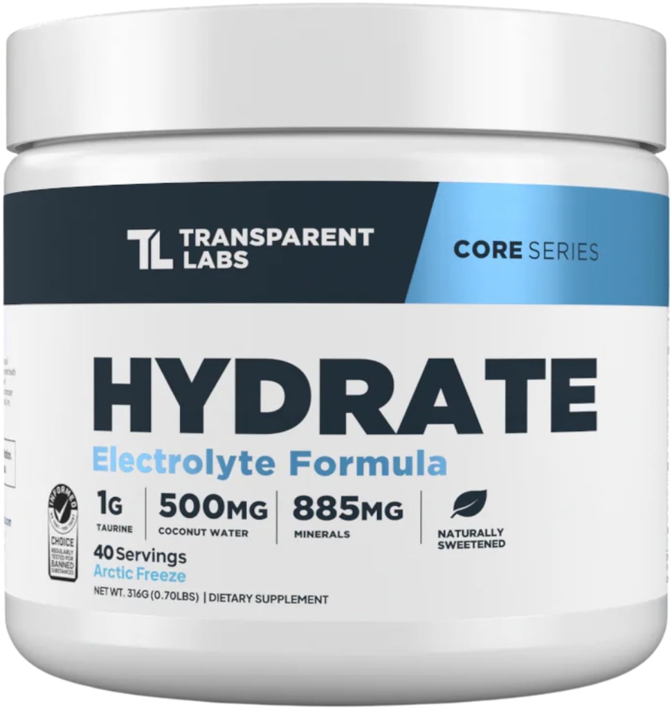 Transparent Labs Hydrate Sugar Free Electrolytes Powder - Hydration Powder Electrolytes Naturally Flavored & Sweetened w Stevia w Coconut Water, Taurine, & Potassium - 40 Servings, Arctic Freeze