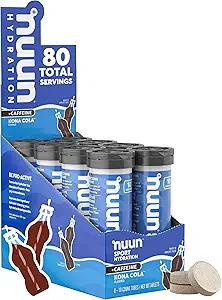 Nuun Sport + Caffeine Electrolyte tabletten - Oplosbaar in water, Kona Cola smaak, 5 Essentiële Elektrolyten voor Hydratatie, 1g Suiker Drinkmix, Veganist, Niet-GMO, 8 Pack (80 Total Servings)