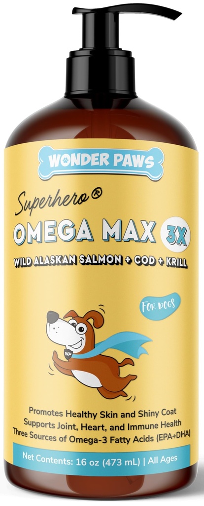 Wonder Paws Fish Oil for Dogs - Omega 3 for Dogs from Alaska Salmon, Cod & Krill Oil - EPA DHA Fatty Acids - Less Shedding & Jeuking - Skin, Joint, Immune & Heart Health - Liquid Supplement (16 oz)