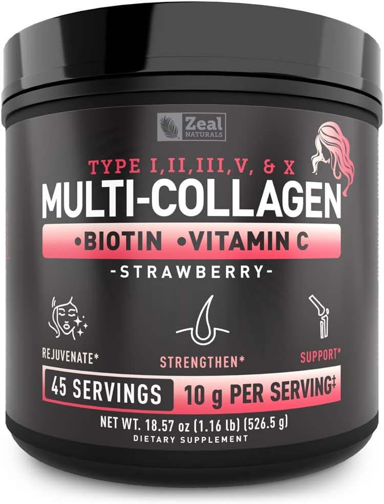 Premium Multi Collageen Peptides Protein Powder (1, 2, 3, 5 & 10) met vitamine C, biotine, hyaluronzuur, voor haarhuid en nagels - Marine, Runder, Kip & Eggshell (Strawberry, 45 porties)