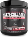 Premium Multi Collageen Peptides Protein Powder (1, 2, 3, 5 & 10) met vitamine C, biotine, hyaluronzuur, voor haarhuid en nagels - Marine, Runder, Kip & Eggshell (Strawberry, 45 porties)