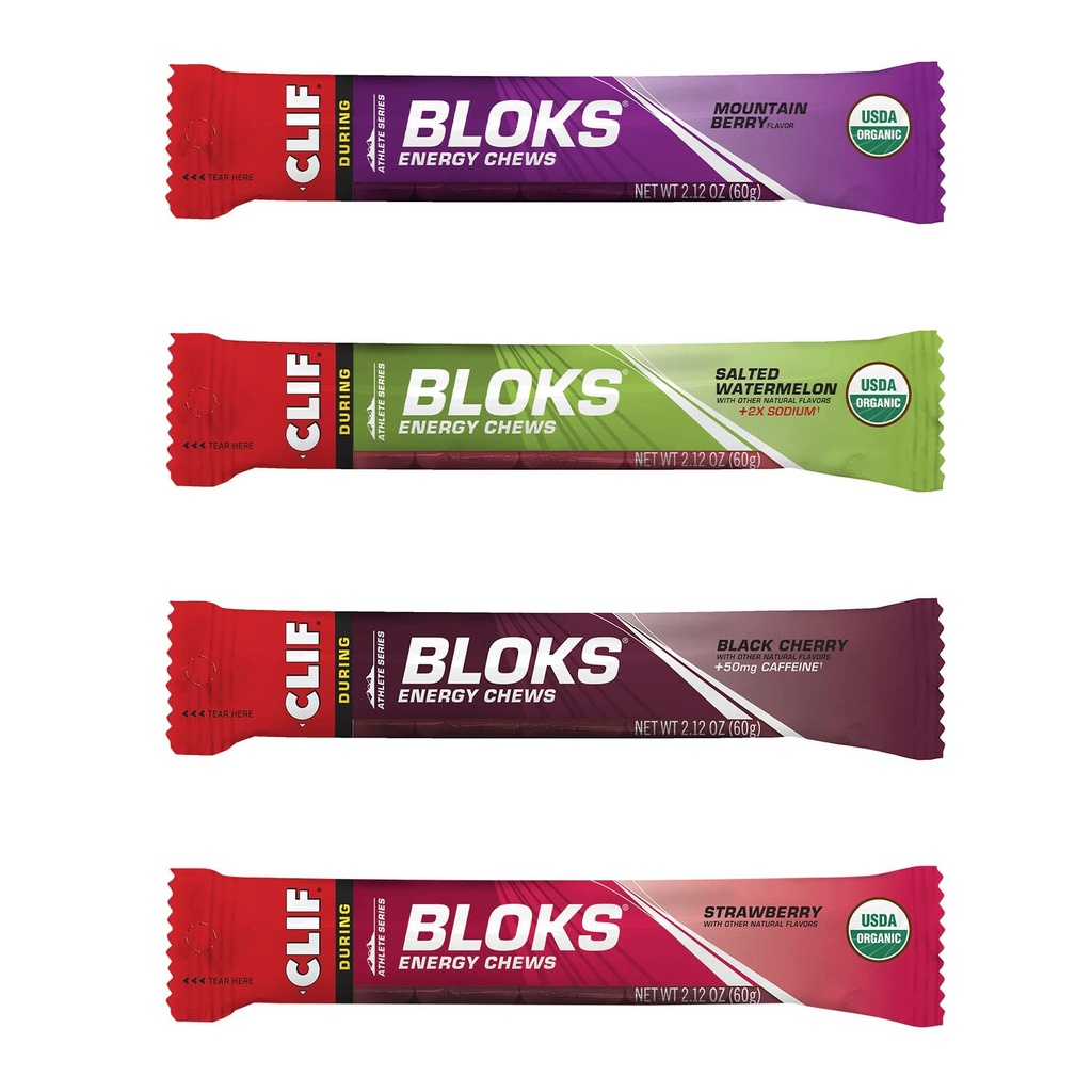 CLIF BLOKS - Chews énergétiques - 4 packs de variétés de saveurs - non-OGM - aliments végétaux - glucides rapides pour le vélo et la course - snack d'entraînement (2,1 Ounce Packet, 12 comtes)
