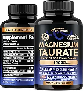Magnesium Tauraat 1500 mg met vitamine B6, C & D3 - Pepper for Enhanced Absorptie - Laboratorium getest, Made in USA - 120 Capsules, 2 Month Supply
